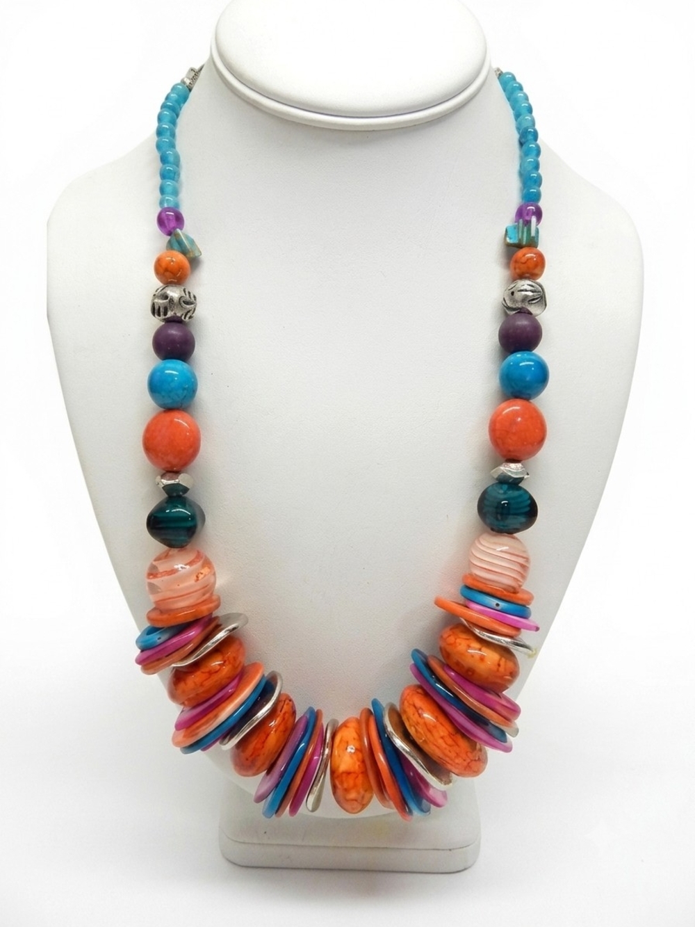 Vintage Multicolor Ceramic, Glass, Mother of Pearl & Acrylic Bead Necklace 24"